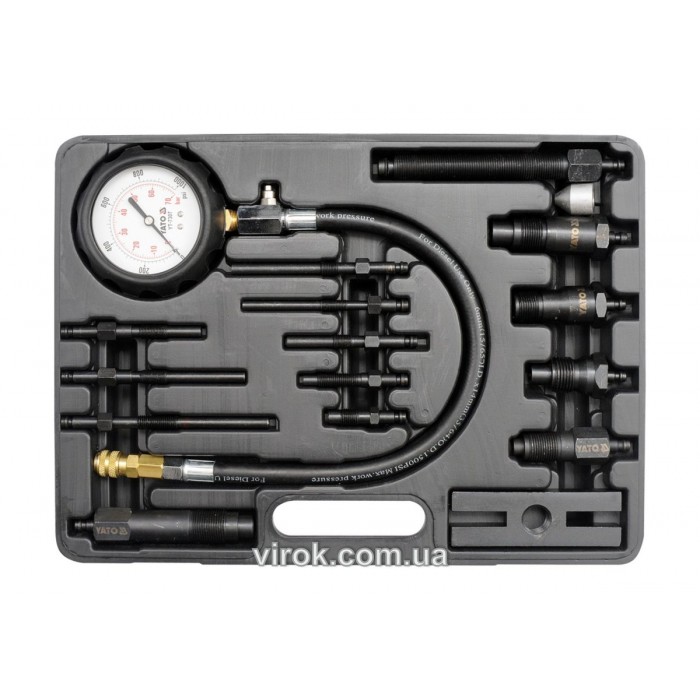 Компресометр для дизельних двигунів YATO : 7 МПа, зі спорядженням, 16 шт + кейс [5]