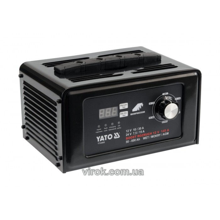 Пуско-зарядний пристрій YATO: акумулятор 12/24В, 50-600 Агод, V= 230 В,10/30А(12В),7,5/15 А(24В) DW