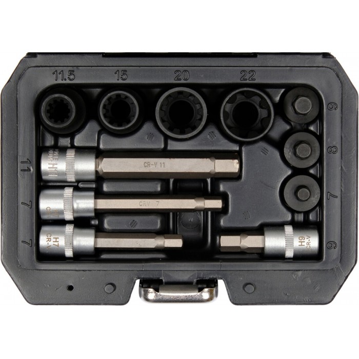 Насадки 6-гранні для гальмівних супортів авто YATO: квадр- 3/8", 1/2", 7- 22 мм, 11 шт [20]