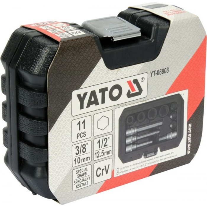 Насадки 6-гранні для гальмівних супортів авто YATO: квадр- 3/8", 1/2", 7- 22 мм, 11 шт [20]