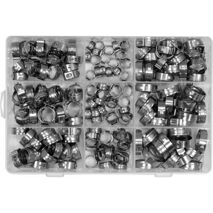 Хомути плавні з 1-м вушком до шлангів YATO різних розмірів Ø= 5,8- 21 мм, 170 шт. [24]