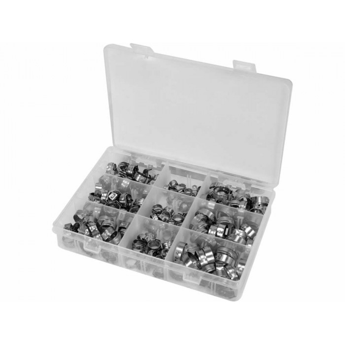 Хомути плавні з 1-м вушком до шлангів YATO різних розмірів Ø= 5,8- 21 мм, 170 шт. [24]