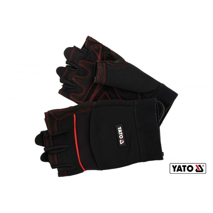 Рукавиці робочі чорні з відкритими пальцями YATO: штучна шкіра +синтетична тканина, розмір 8 [12/72]