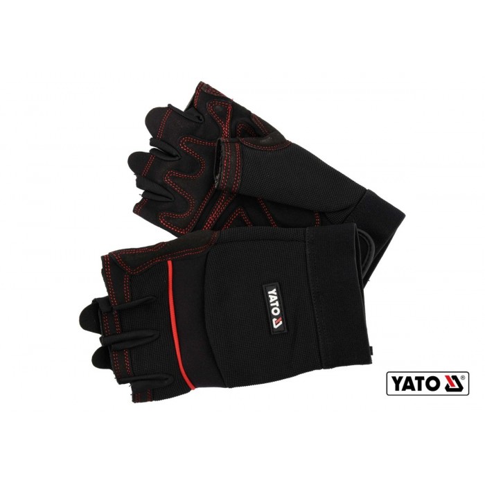 Рукавиці робочі чорні з відкритими пальцями YATO: штучна шкіра +синтетична тканина, розмір 9 [12/72]