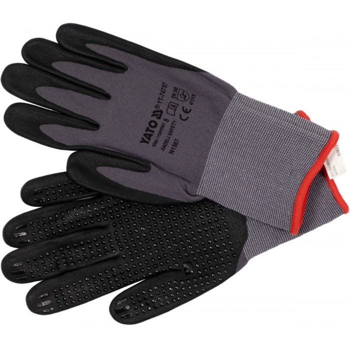 Рукавиці робочі нейлонові YATO покрите спіненим нітрилом з накрапленням, розмір 8, чорнр-сірі [12]