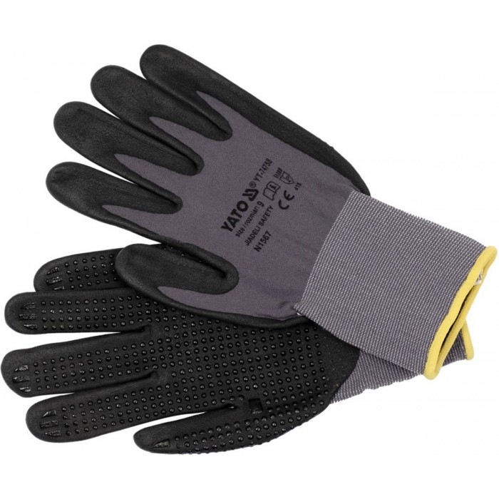 Рукавиці робочі нейлонові YATO покрите спіненим нітрилом з накрапленням, розмір 9, чорнр-сірі [12]