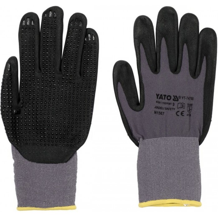Рукавиці робочі нейлонові YATO покрите спіненим нітрилом з накрапленням, розмір 9, чорнр-сірі [12]