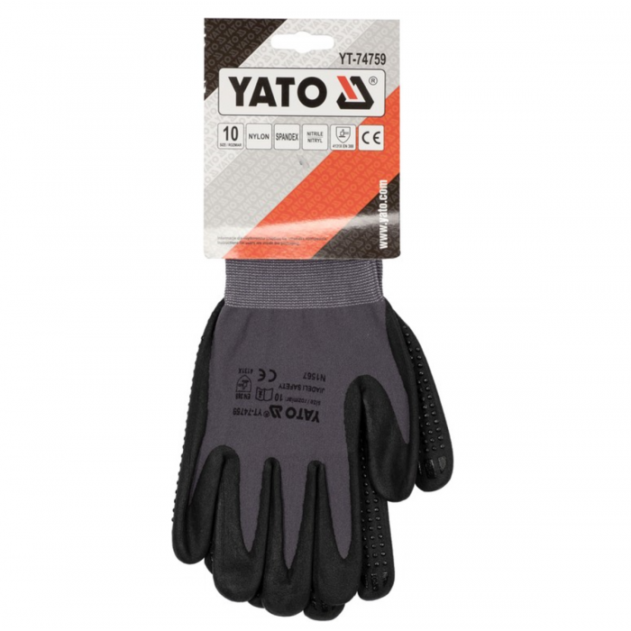 Рукавиці робочі нейлонові YATO покрите спіненим нітрилом з накрапленням, розмір 10, чорнр-сірі [12]