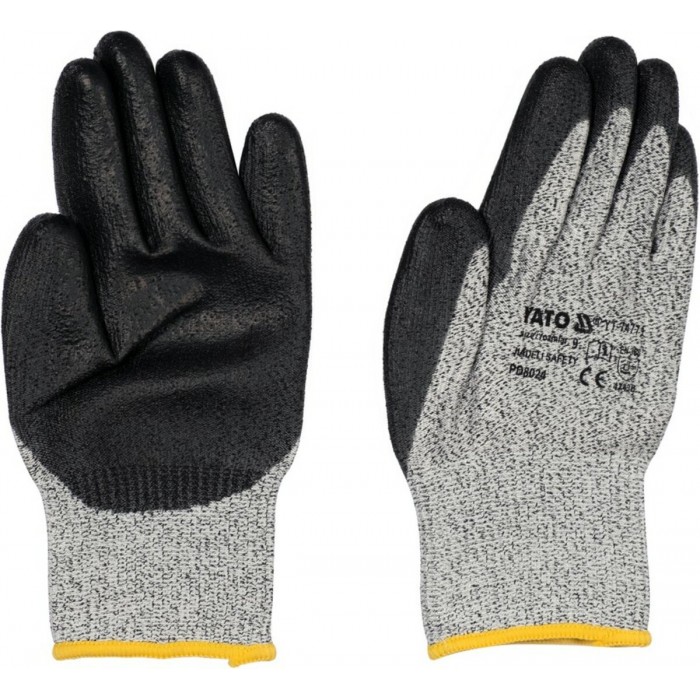 Рукавиці робочі захисні від порізів (HPPE) YATO покриті чорним поліуретаном, розмір 9 [12/120]