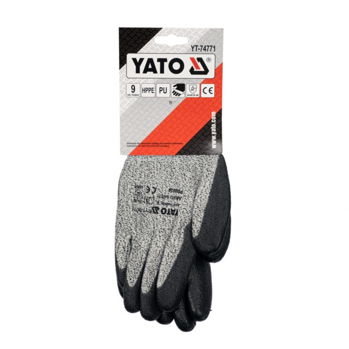 Рукавиці робочі захисні від порізів (HPPE) YATO покриті чорним поліуретаном, розмір 9 [12/120]
