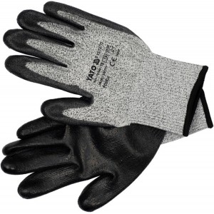 Рукавиці робочі захисні від порізів (HPPE) YATO покриті чорним поліуретаном, розмір 10 [12/120]