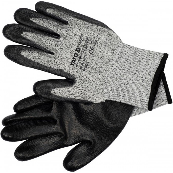 Рукавиці робочі захисні від порізів (HPPE) YATO покриті чорним поліуретаном, розмір 10 [12/120]