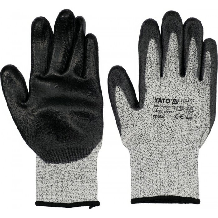 Рукавиці робочі захисні від порізів (HPPE) YATO покриті чорним поліуретаном, розмір 10 [12/120]