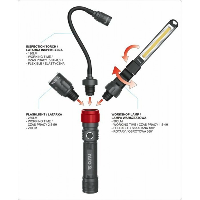 Ліхтар з обладунками 3 в 1 YATO для ремонтних робіт з зарядним пристроєм, в футлярі [10]