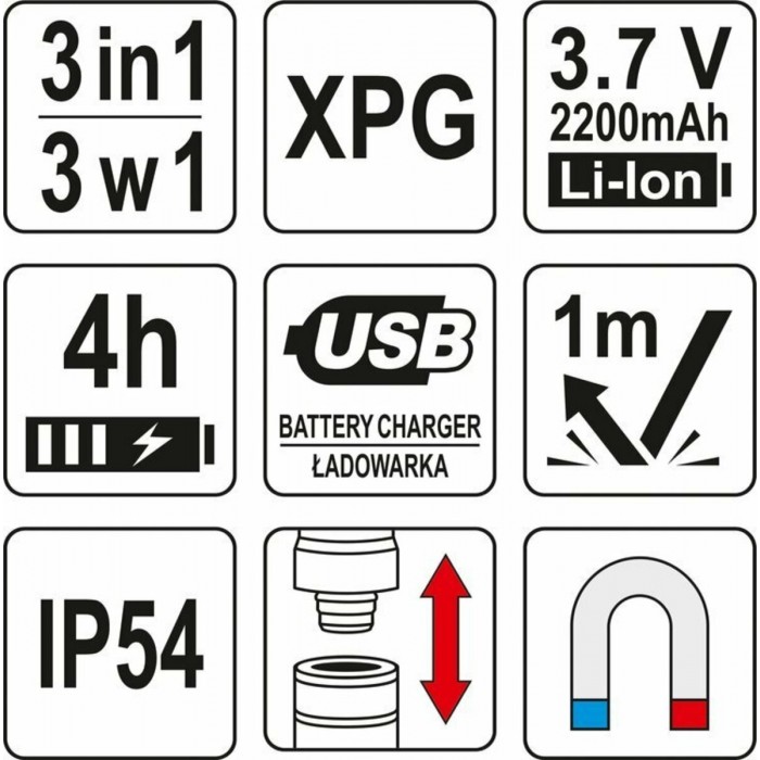 Ліхтар з обладунками 3 в 1 YATO для ремонтних робіт з зарядним пристроєм, в футлярі [10]