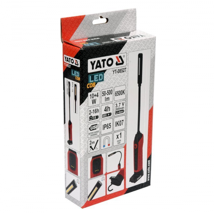 Лампа світлодіодна для майстерні YATO; 3.7 В акумулят. Li-Ion, 2 режими, зарядний USB пристрій [12]