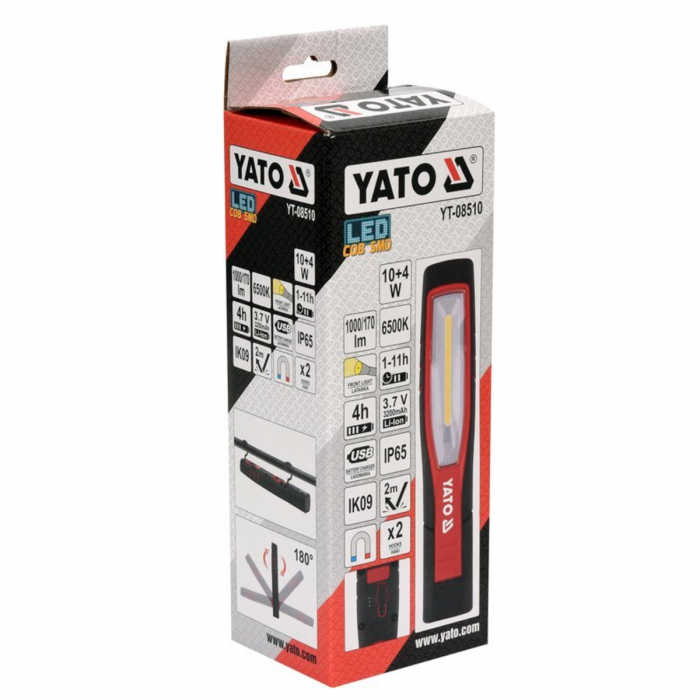 Світильник переносний світлодіодний YATO акумулят. 3,7V, 2 режими-10/4 Вт, 170/1000Lm, заряд USB[12]