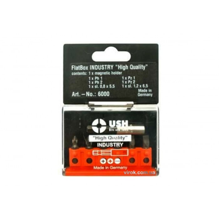 Набір насадок викруткових USH INDUSTRY Flatbox : PH1-2/PZ1-2/SL0,8-1,2, магнітний тримач, 6+1 елем.