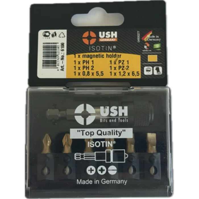 Набір насадок викруткових Isotin USH: 1/4", PH1, PH2, PZ1, PZ2, SL5.5, SL6.5 магнітний тримач, 7 ел.