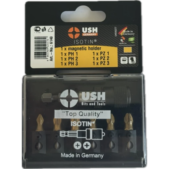 Набір насадок викруткових Isotin USH: 1/4", PH1, PH2, PH3, PZ1, PZ2, PZ3; магнітний тримач, 7 ел.