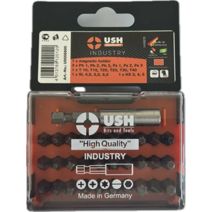 Набір насадок викруткових Industry USH: 1/4" з магнітним тримачем, PH, PZ, SL, Tx, HEX, 31 ел