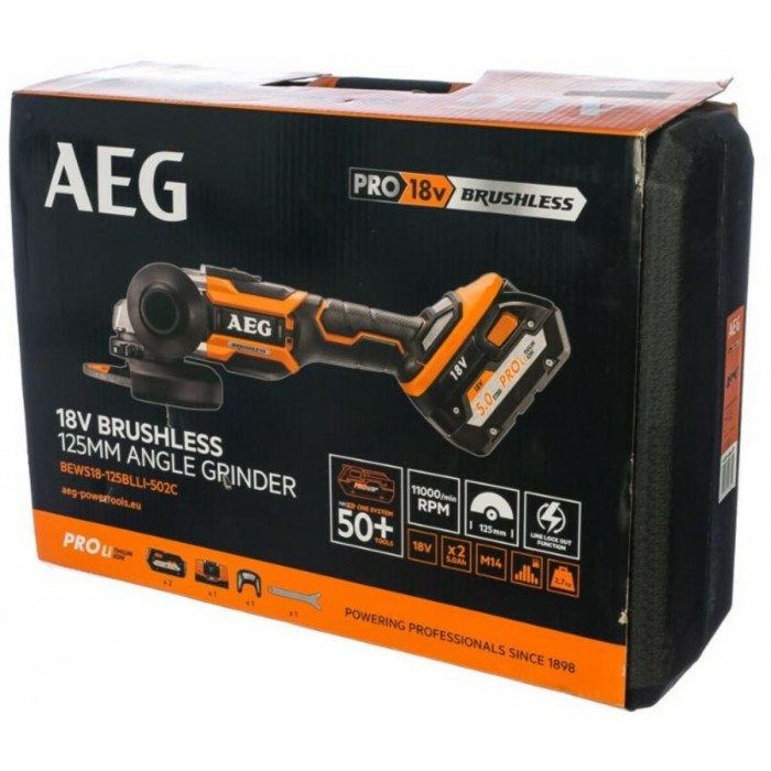 Шліфмашина кутова безщіткова акумул. AEG: Li-Ion 2x18 В 5 AхГод, диск Ø=125 мм, 11000об/хв