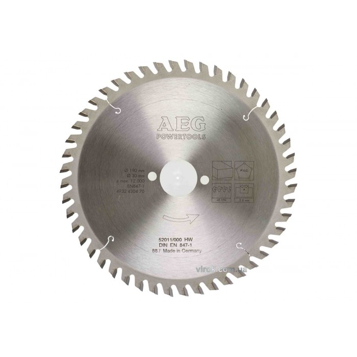 Диск пиляльний по дереву, пластику AEG : Ø= 190/30 мм, різ h= 2.8 мм, 48 зубів