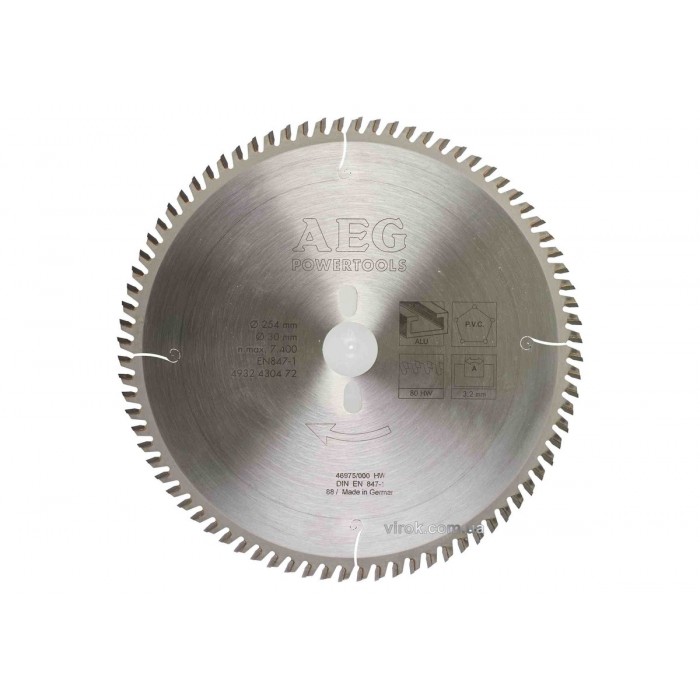 Диск пиляльний по алюмінію і пластику AEG : Ø= 254/30 мм, різ h= 3.2 мм, 80 зубів DW