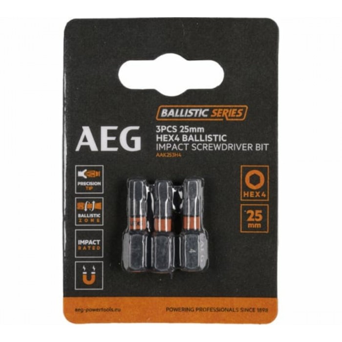 Насадки викруткові ударостійкі AEG: HEX 4, l= 25 мм, 3 шт. DW