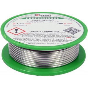 Припій без свинцю CYNEL : Ø1,5 мм, Sn99,3-Cu0,7 дротяний на котушці з флюсом m= 100 г [30]