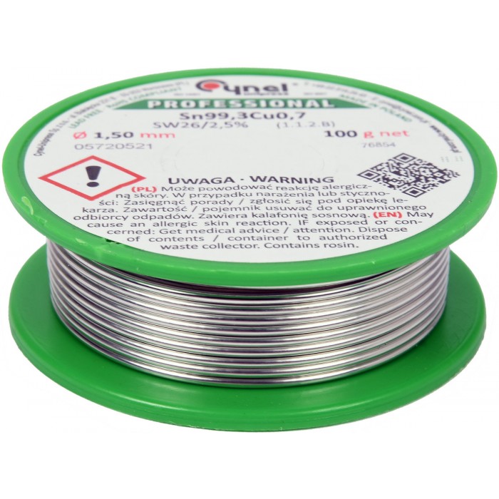 Припій без свинцю CYNEL : Ø1,5 мм, Sn99,3-Cu0,7 дротяний на котушці з флюсом m= 100 г [30]