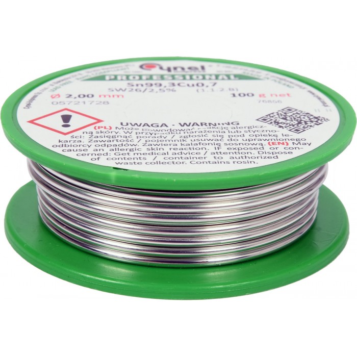 Припій без свинцю CYNEL : Ø2 мм, Sn99,3-Cu0,7 дротяний на котушці з флюсом m= 100 г [30]