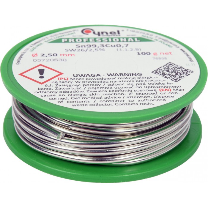 Припій без свинцю CYNEL : Ø2,5 мм, Sn99,3-Cu0,7 дротяний на котушці з флюсом m= 100 г [30]