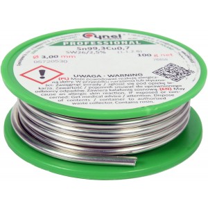 Припій без свинцю CYNEL : Ø3 мм, Sn99,3-Cu0,7 дротяний на коташці з флюсом m= 100 г [30]