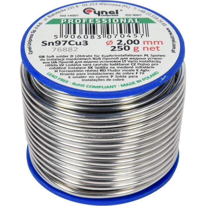 Припій для паяння міді CYNEL : Ø 2 мм, дротяний на котушці m= 250 г [50]