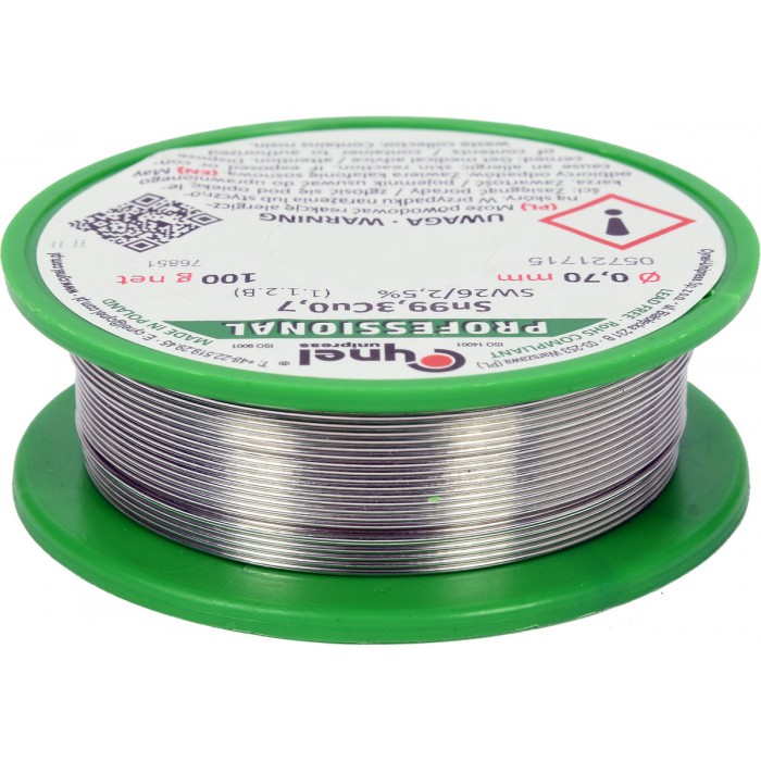 Припій без свинцю CYNEL : Ø0,7 мм, Sn99,3-Cu0,7 дротяний на котушці з флюсом m= 100 г [30]