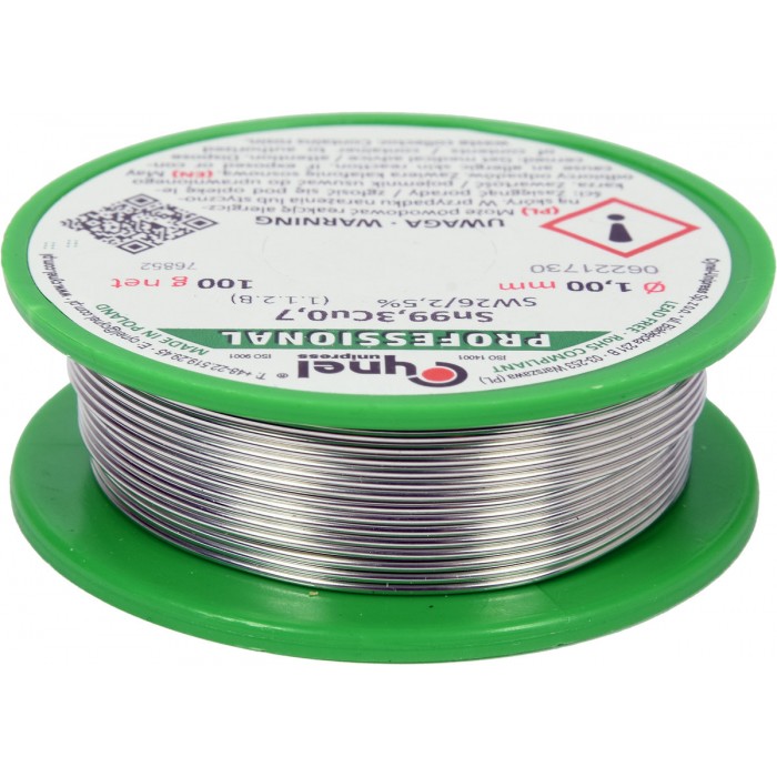 Припій без свинцю CYNEL : Ø1 мм, Sn99,3-Cu0,7 дротяний на котушці з флюсом m= 100 г [30]