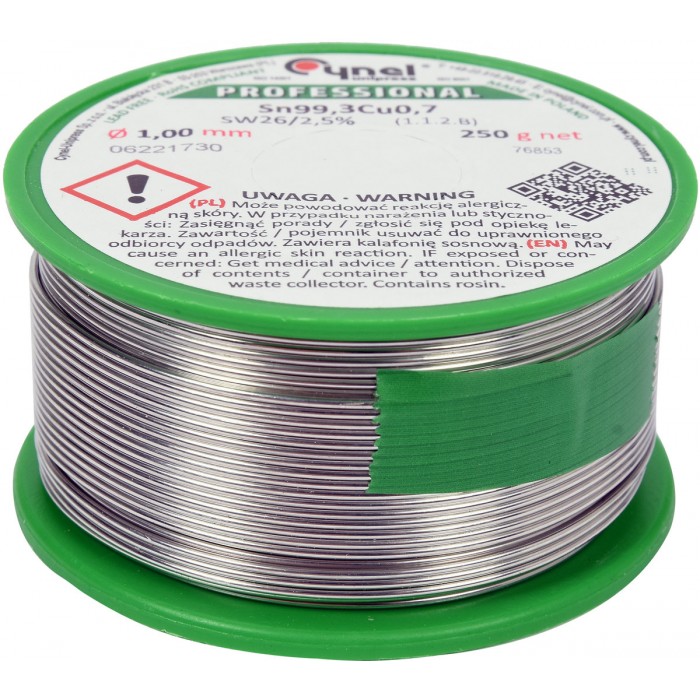 Припій без свинцю CYNEL : Ø1 мм, Sn99,3-Cu0,7 дротяний на котушці з флюсом m= 250 г [20]