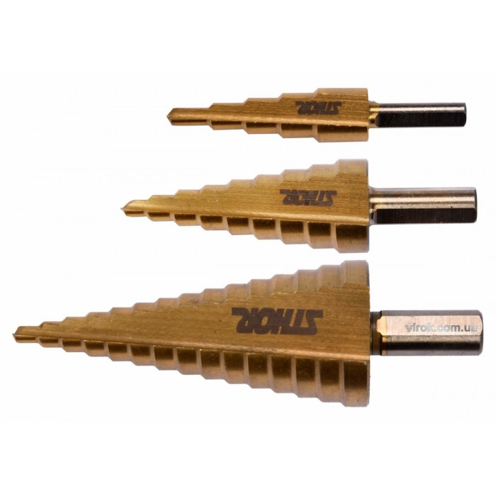 Свердла конічні ступінчасті титанові по металу STHOR : Ø= 4-32 мм, HSS 4241, 3 шт [20]