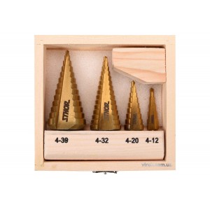 Свердла конічні ступінчасті титанові по металу STHOR: Ø=4-39мм, HSS 4241, 4шт. в дерев. футлярі [20]