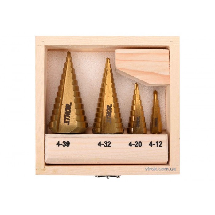 Свердла конічні ступінчасті титанові по металу STHOR: Ø=4-39мм, HSS 4241, 4шт. в дерев. футлярі [20]