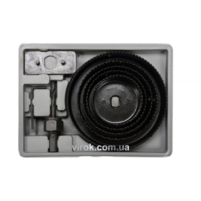 Пили кільцеві по дереву VOREL + свердло Ø=64-127 мм, Набір 8 шт. в кейсі [6/24]