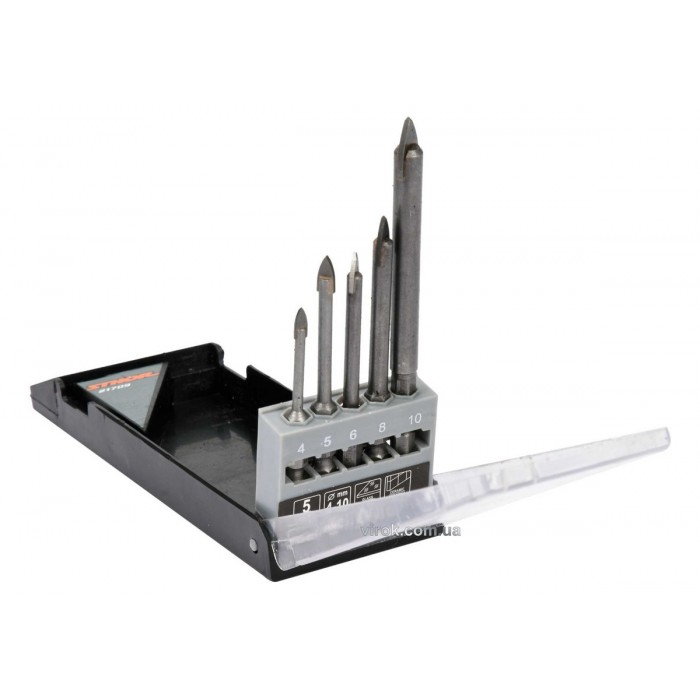 Набір свердл по склу і кераміці STHOR : Ø= 4, 5, 6, 8, 10 мм, YG6X, HEX-1/4", 5 шт [25/100]