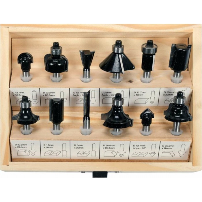 Набір фрез по дереву VOREL, зі шпинделем Ø=6 мм, 12 шт. [20]