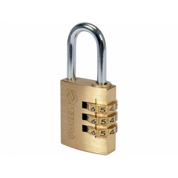 Замок навісний з кодовим замиканням VOREL: латунний корпус- 25х 10,2х30,4 мм, стал дуга- 22х12х 4 мм