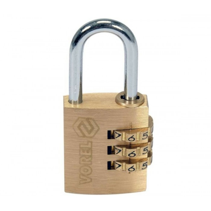 Замок навісний з кодовим замиканням VOREL: латунний корпус- 25х 10,2х30,4 мм, стал дуга- 22х12х 4 мм