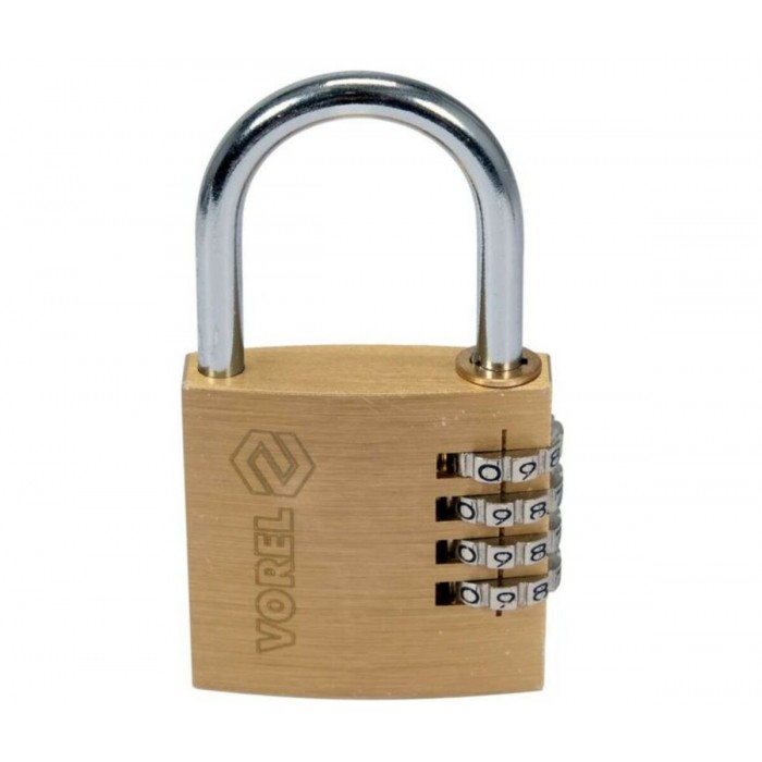 Замок навісний з кодовим замиканням VOREL: латунний корпус- 40х 11,8х39,5 мм, стал дуга- 30х25х 5 мм