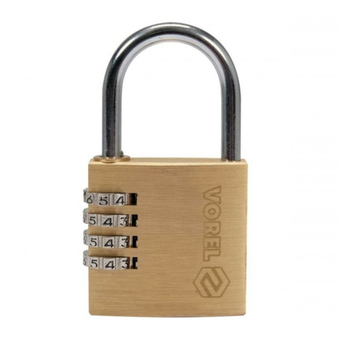 Замок навісний з кодовим замиканням VOREL: латунний корпус- 40х 11,8х39,5 мм, стал дуга- 30х25х 5 мм