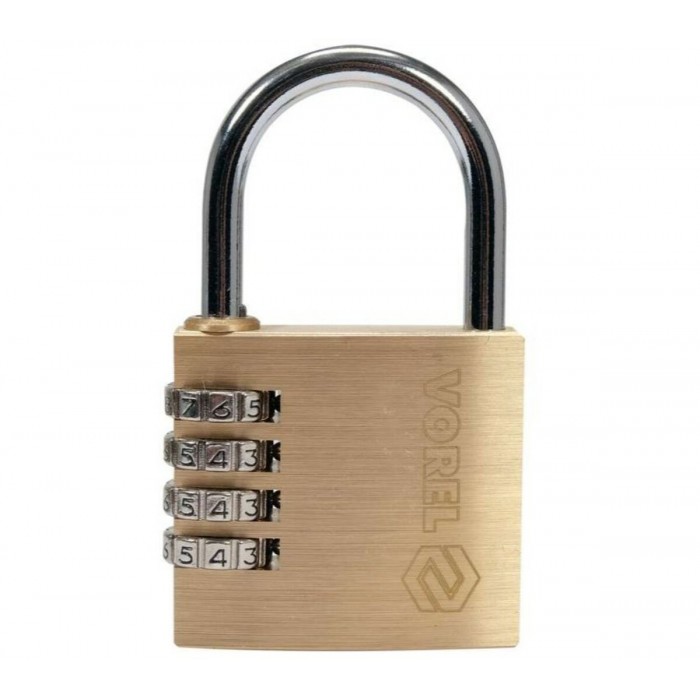 Замок навісний з кодовим замиканням VOREL: латунний корпус- 50х 13.9х46 мм, сталев дуга- 34х32х 6 мм