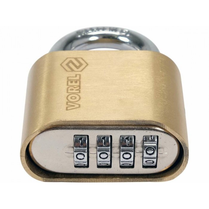 Замок навісний з кодовим замиканням VOREL: латунний корпус- 50х 40 х25 мм, сталева дуга- 23х25х 8 мм